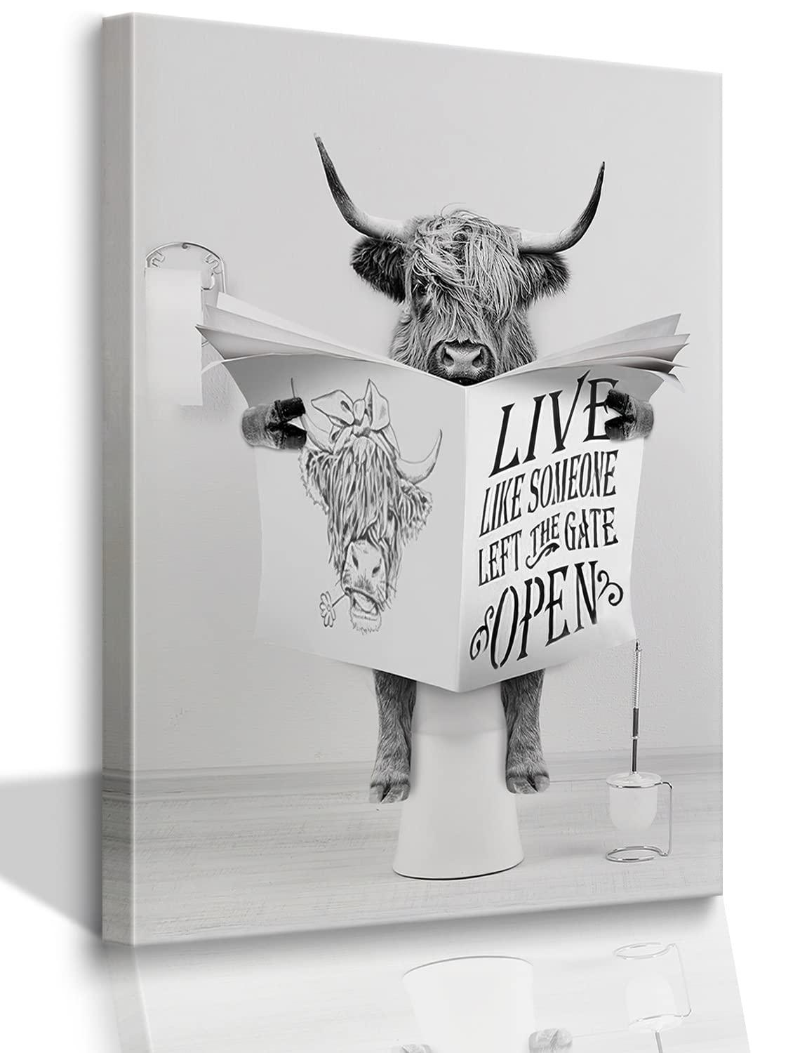 Modern Black Framed Highland Cow Wall Art Minimalist Bathroom Wall Decor Cute Funny Animals Artwork Canvas Prints Ready to Hang for Guest Bathroom, Hotel, Condo, Kids Bathroom, 12”x16”