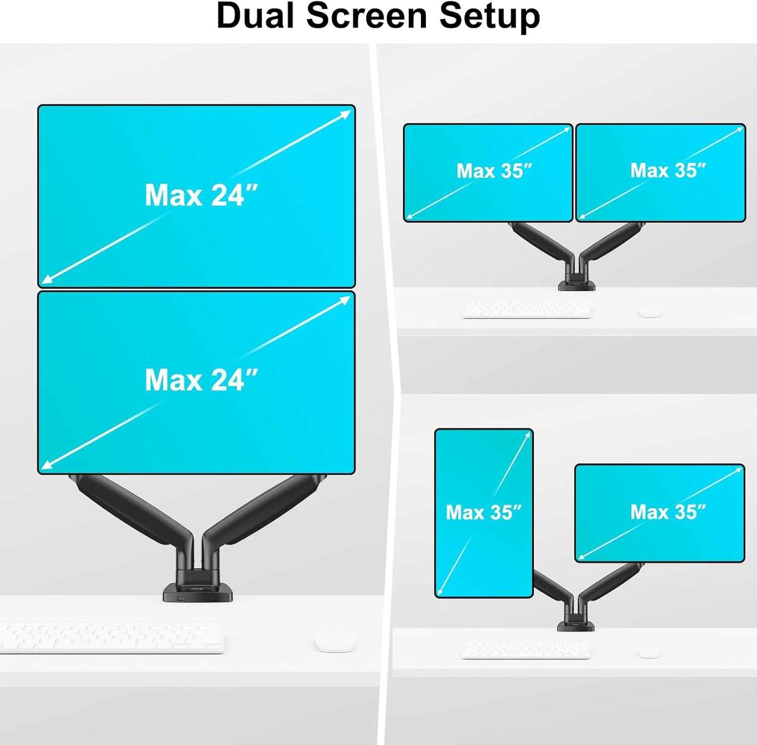 Black Dual Monitor Desk Mount with Gas Spring Arms and Riser