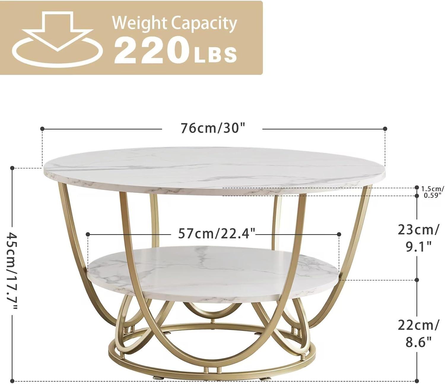 30 Inch White Marble Print Coffee Table with Gold Frame and Storage