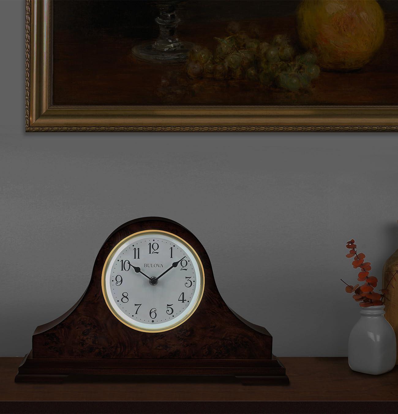 Bulova Chandler Lighted Mantel Clock, Model B1853 | Elegant Design | Illuminated Dial | Quartz Movement | Cherry Wood Finish | Battery Operated