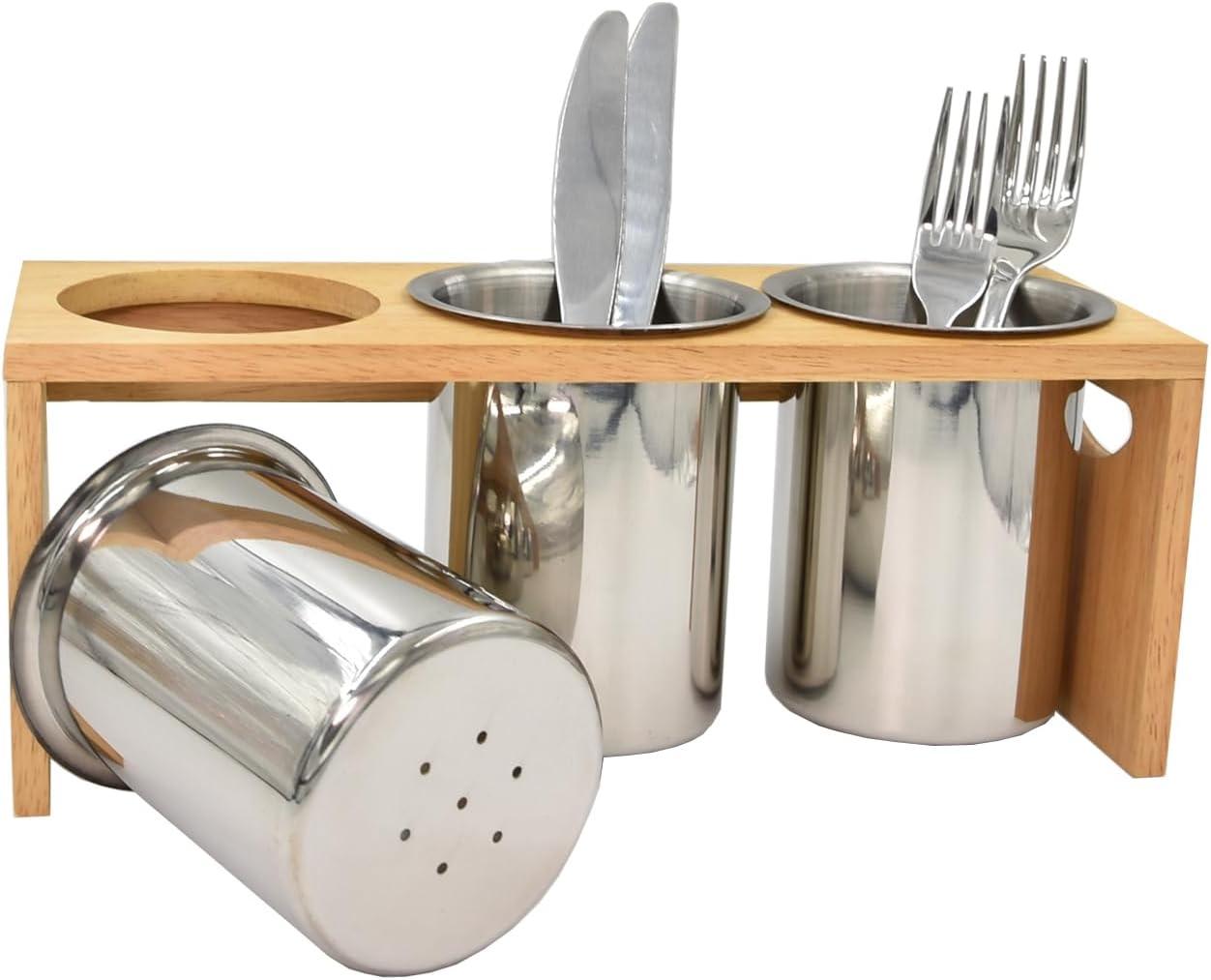 Flatware Caddy Stainless Steel Cutlery Holder with Wood Base