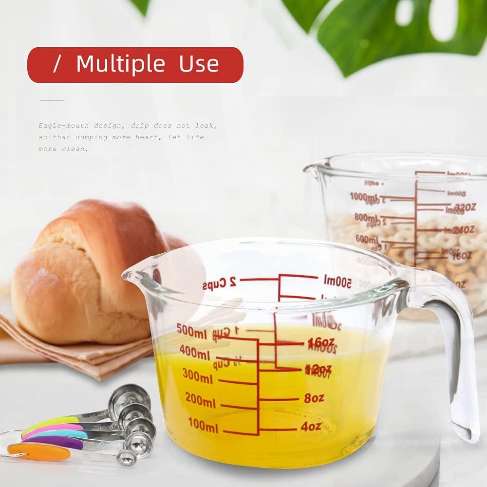 TIBLEN 7-Pack Glass Measuring Cup Set 34 and 17 oz Microwave, Freezer Safe, No BPA + 5 Measuring Spoons