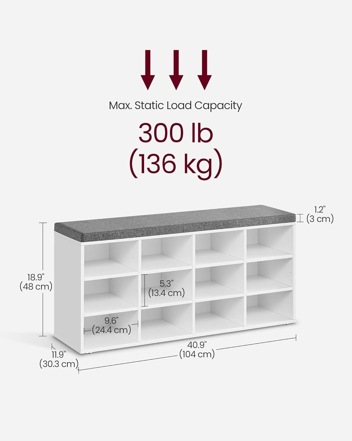 White and Gray Storage Bench with Padded Seat and 12 Compartments