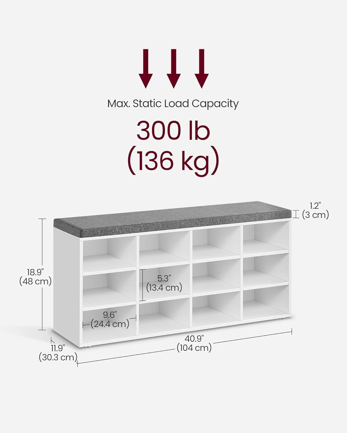 VASAGLE CUSTOS Collection - Shoe Bench, Storage Bench with Padded Seat, Entryway Bench with 12 Compartments, for Bedroom, 11.9 x 40.9 x 18.9 Inches, Cloud White and Slate Gray ULHS012W14