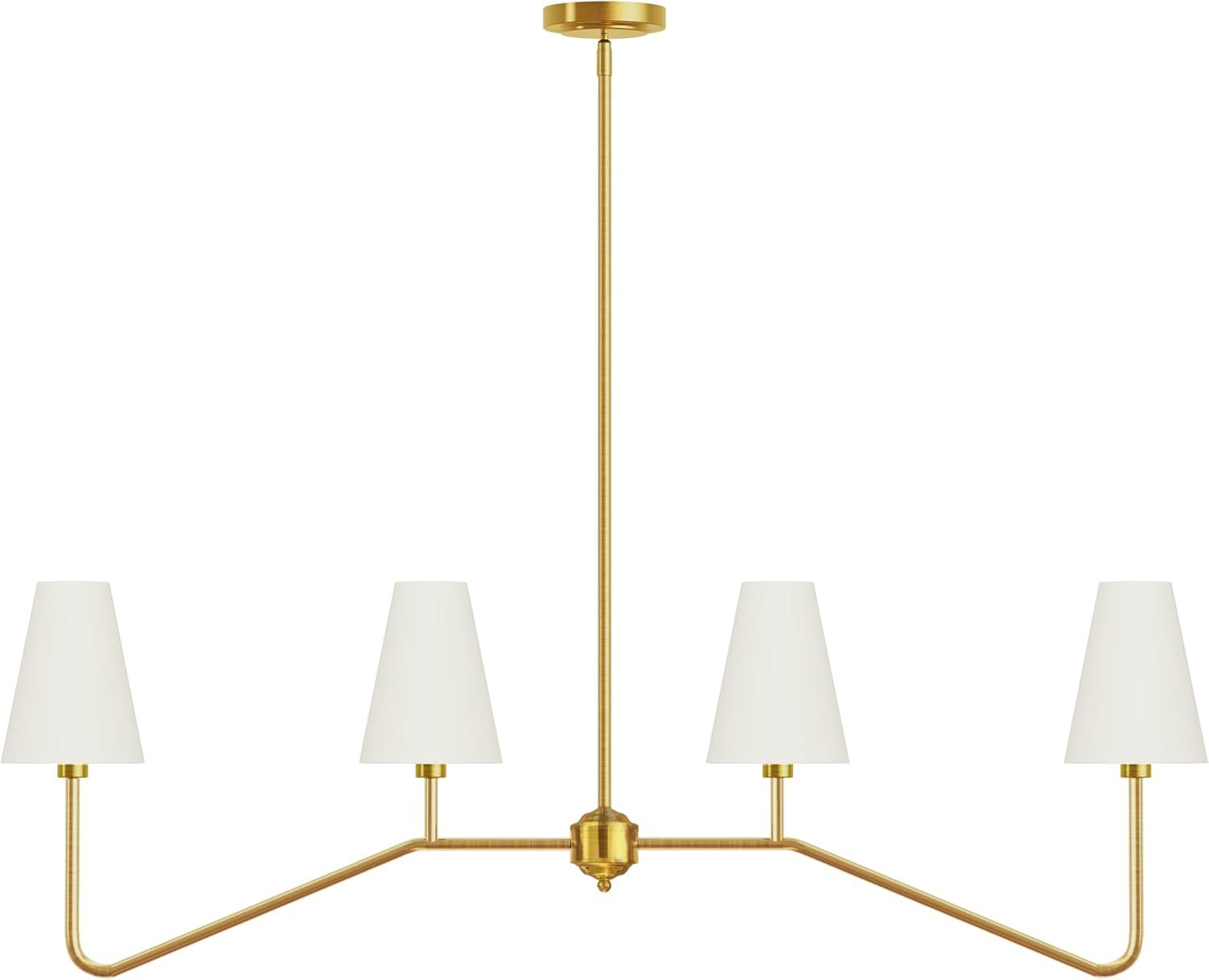 Brightever 4-Light Gold Linear Chandelier, Kicthen Island Light Fixture for Dining Room Over Table, Modern Pendant Lighting with White Fabric Shades for Pool Table, E12 Base (Bulb not Included)