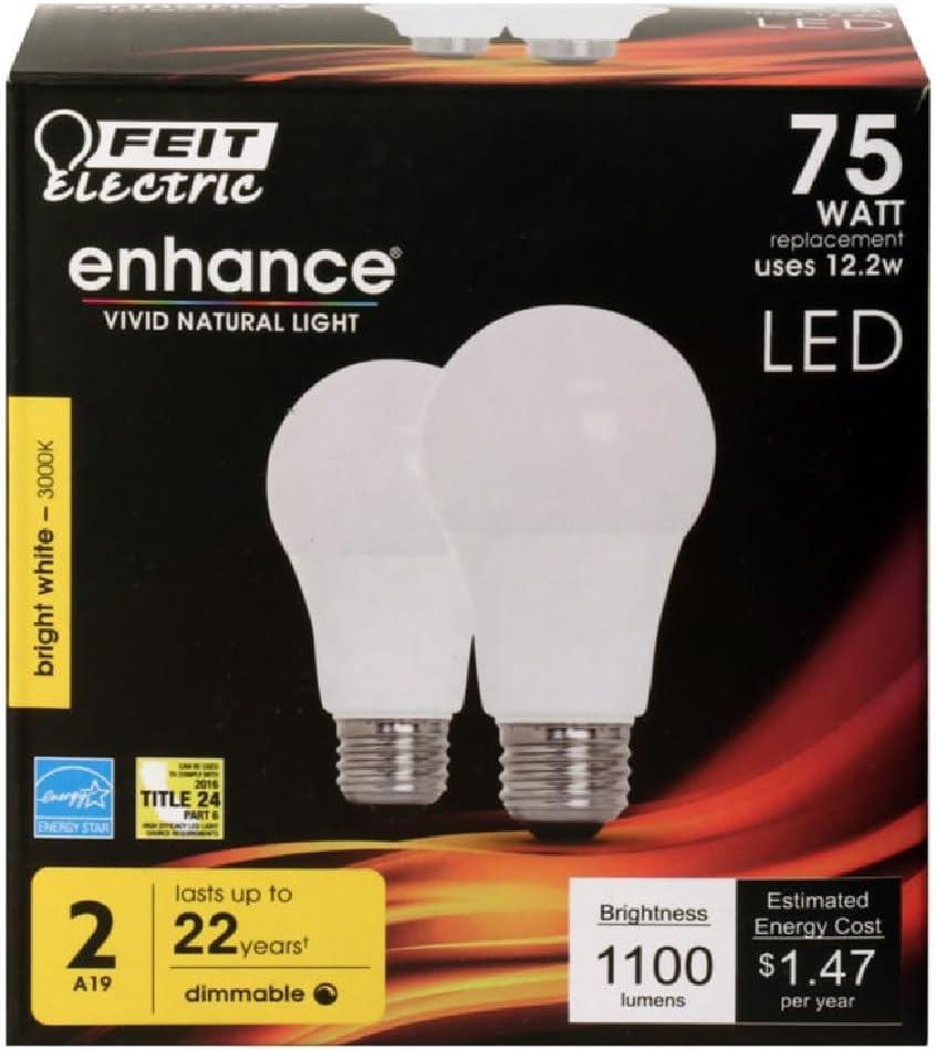 Feit Electric Enhance A19 E26 (Medium) LED Bulb Bright White 75 Watt Equivalence 2 pk