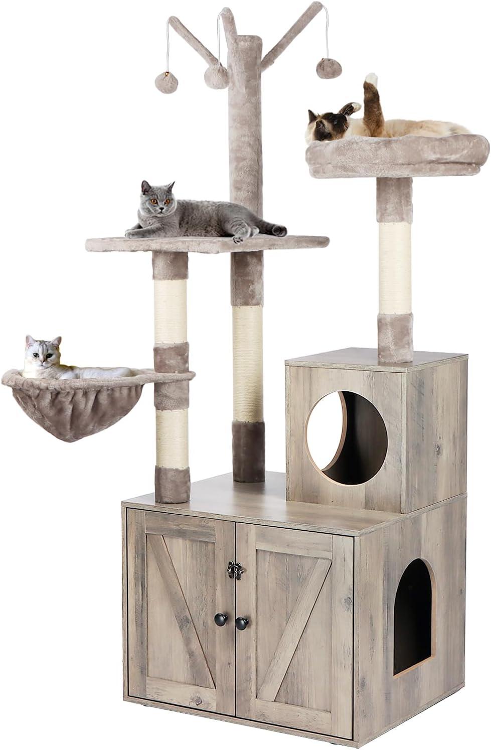 Litter Box Enclosure with Cat Tree, 2-in-1 Cat Tree Tower, Hidden Cat Litter Box Furniture with Scratching Post, Modern Cat Condo, Grey