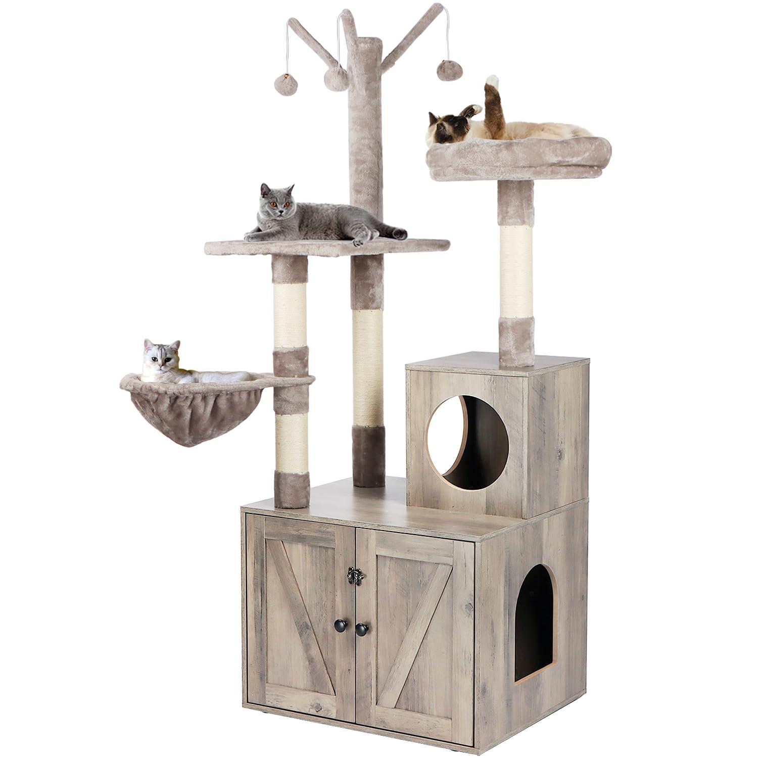 Litter Box Enclosure with Cat Tree, 2-in-1 Cat Tree Tower, Hidden Cat Litter Box Furniture with Scratching Post, Modern Cat Condo, Grey
