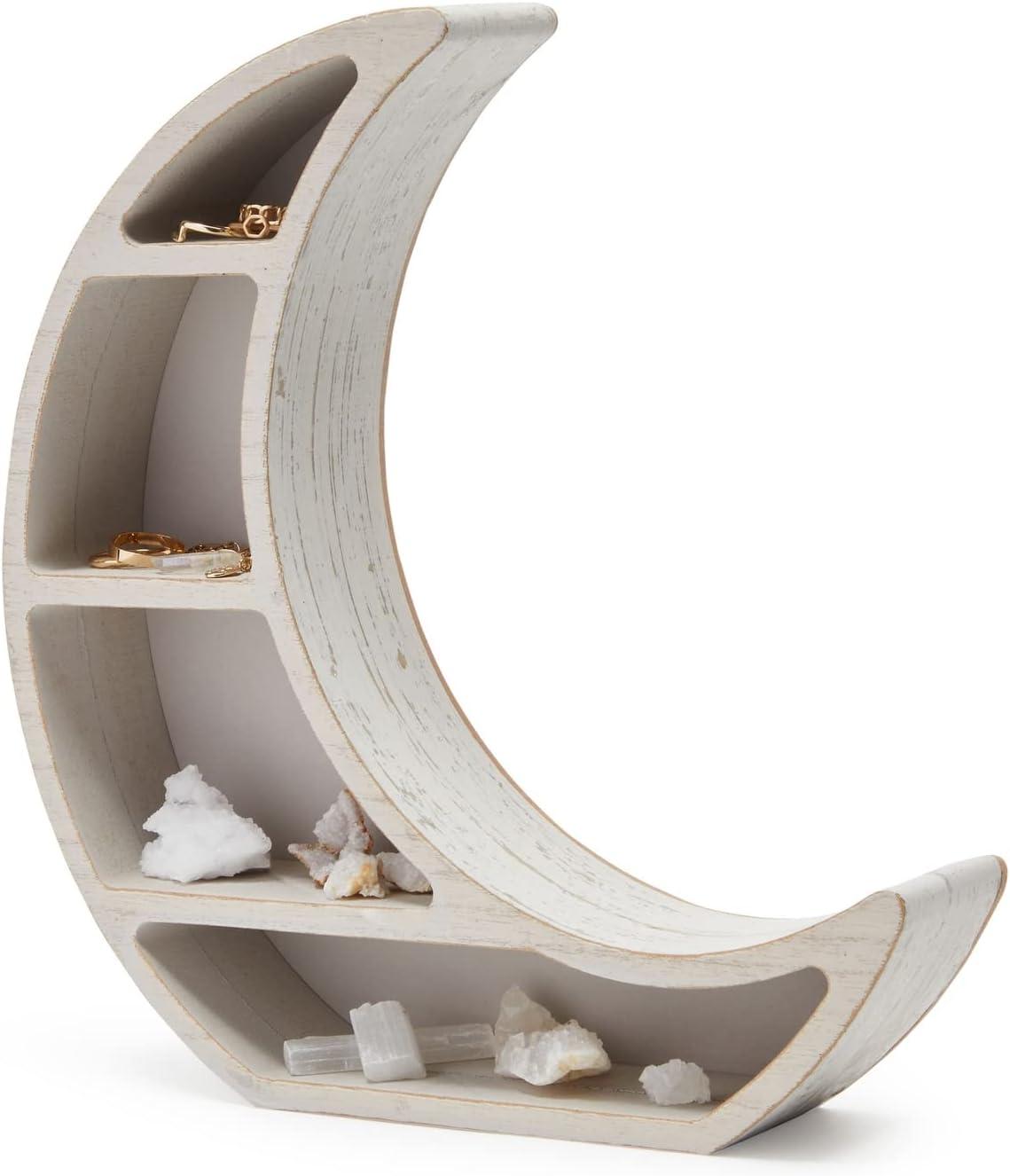Farmlyn Creek Wooden Shelf Display for Rustic Home Decor, Crescent Moon (10 x 10.2 x 2 in)