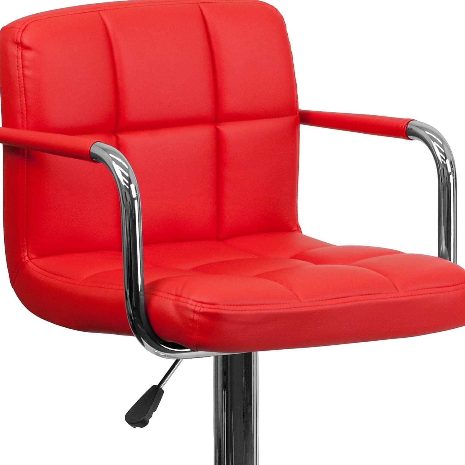 Red Adjustable Height Swivel Leather Bar Stool with Metal Base