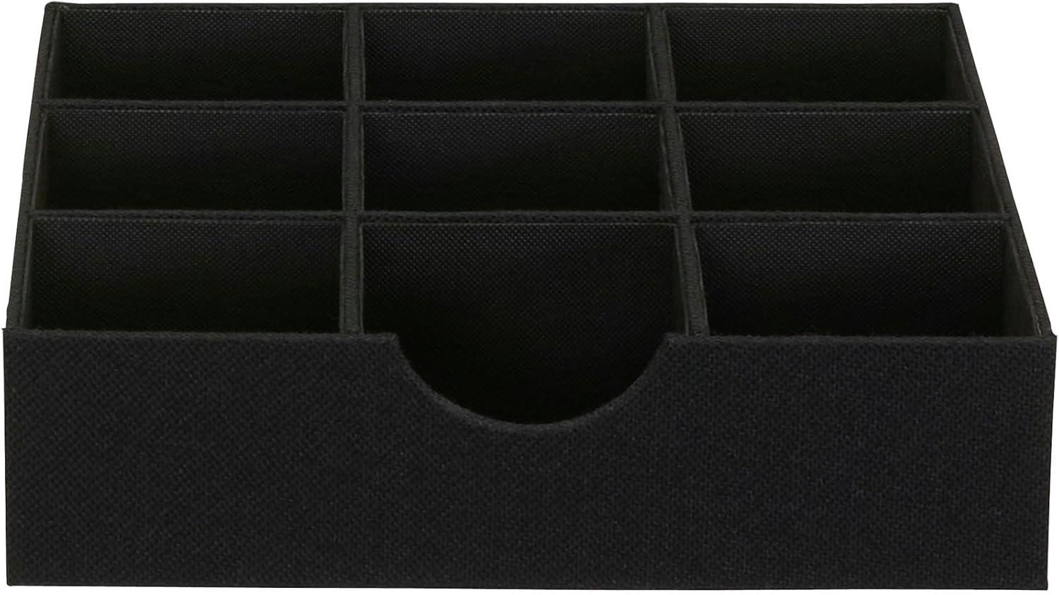 Household Essentials 9-Compartment Drawer Organizers, Pack of 2, Sturdy Chipboard With Soft Polyester Cover, Convenient and Stylish Storage Solution, 3” H x 12” W x 12” D, Black Linen