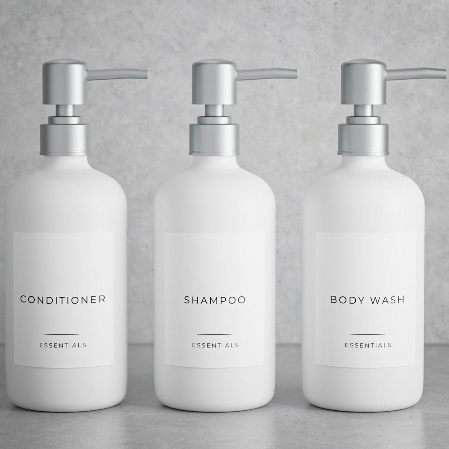 Stylish Shampoo and Conditioner Dispenser Set of 3 - Modern 21oz Shower Soap Bottles with Pump and Labels - Easy to Refill Body Wash Dispensers for an Instant Bathroom Decor Upgrade - White C31