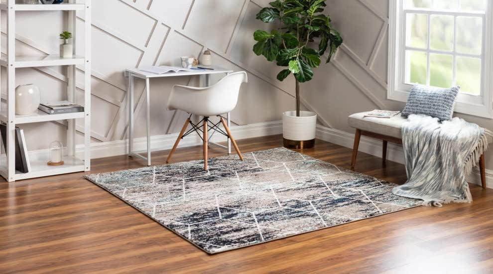 Unique Loom 6' 0 x 6' 0 Trellis Frieze Geometric Blue Multi Area Rug