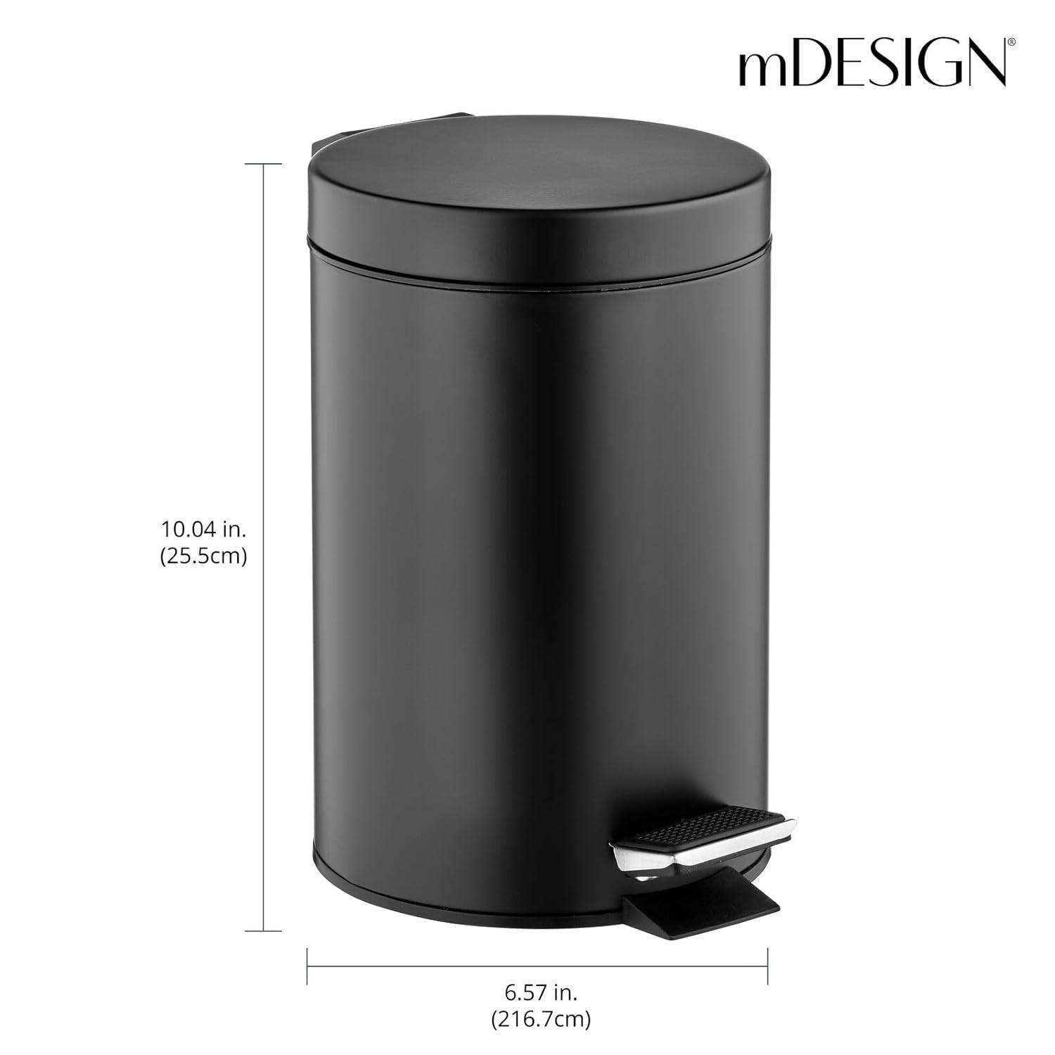 mDesign  3-Liter Round Metal Step Trash Can, Liner/Handle - Black