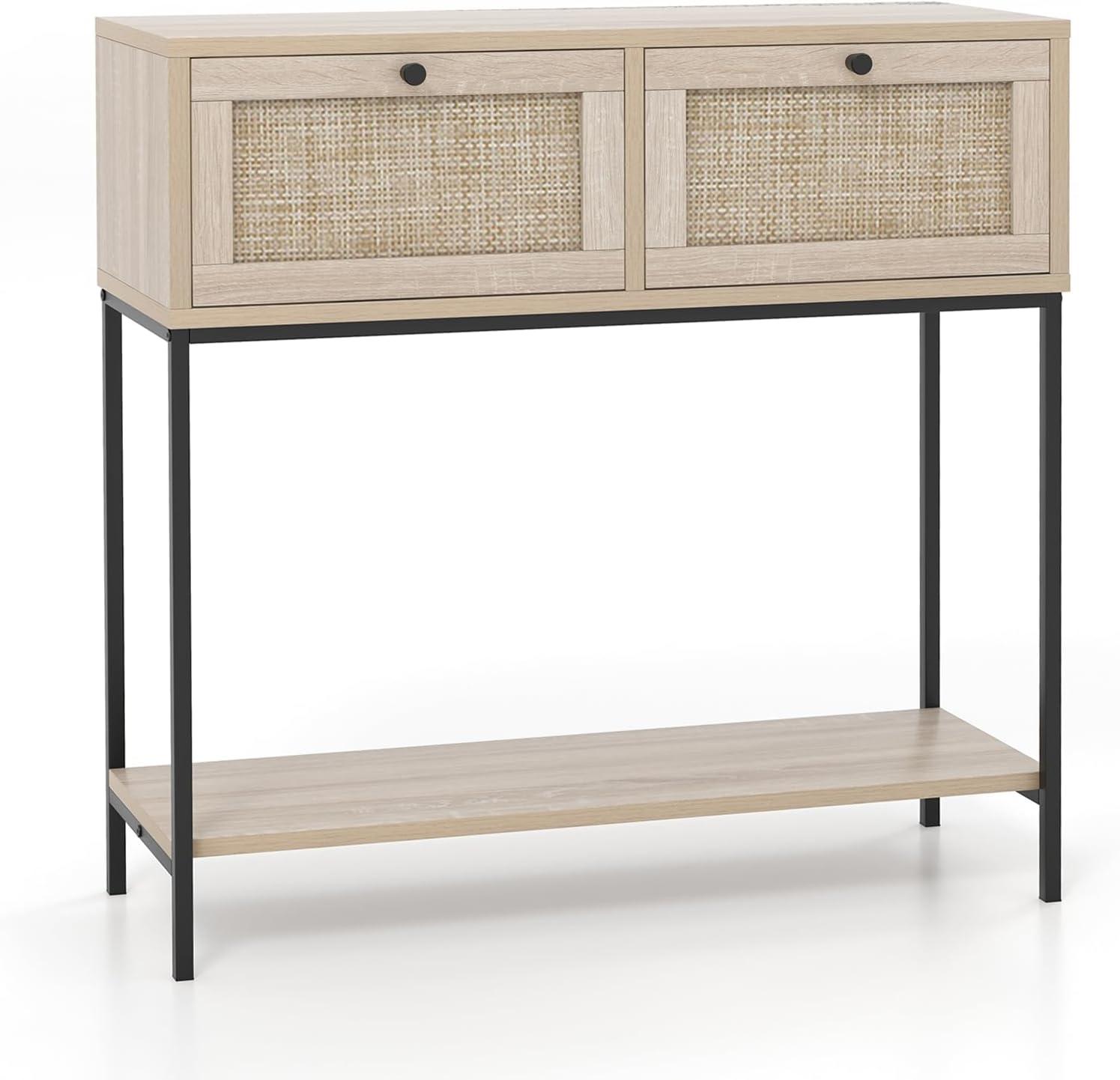 Tangkula Console Table Entryway Table Long Sofa Side Table w/ Open Shelf & Rattan Drawers