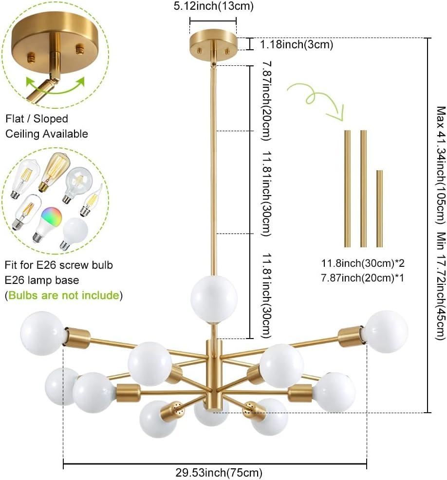 Sputnik Chandelier Modern Industrial E26 Gold Chandeliers Mid Century Ceiling Lighting Fixture for Living Room, Kitchen, Bedroom, Dining Room, and Farmhouse