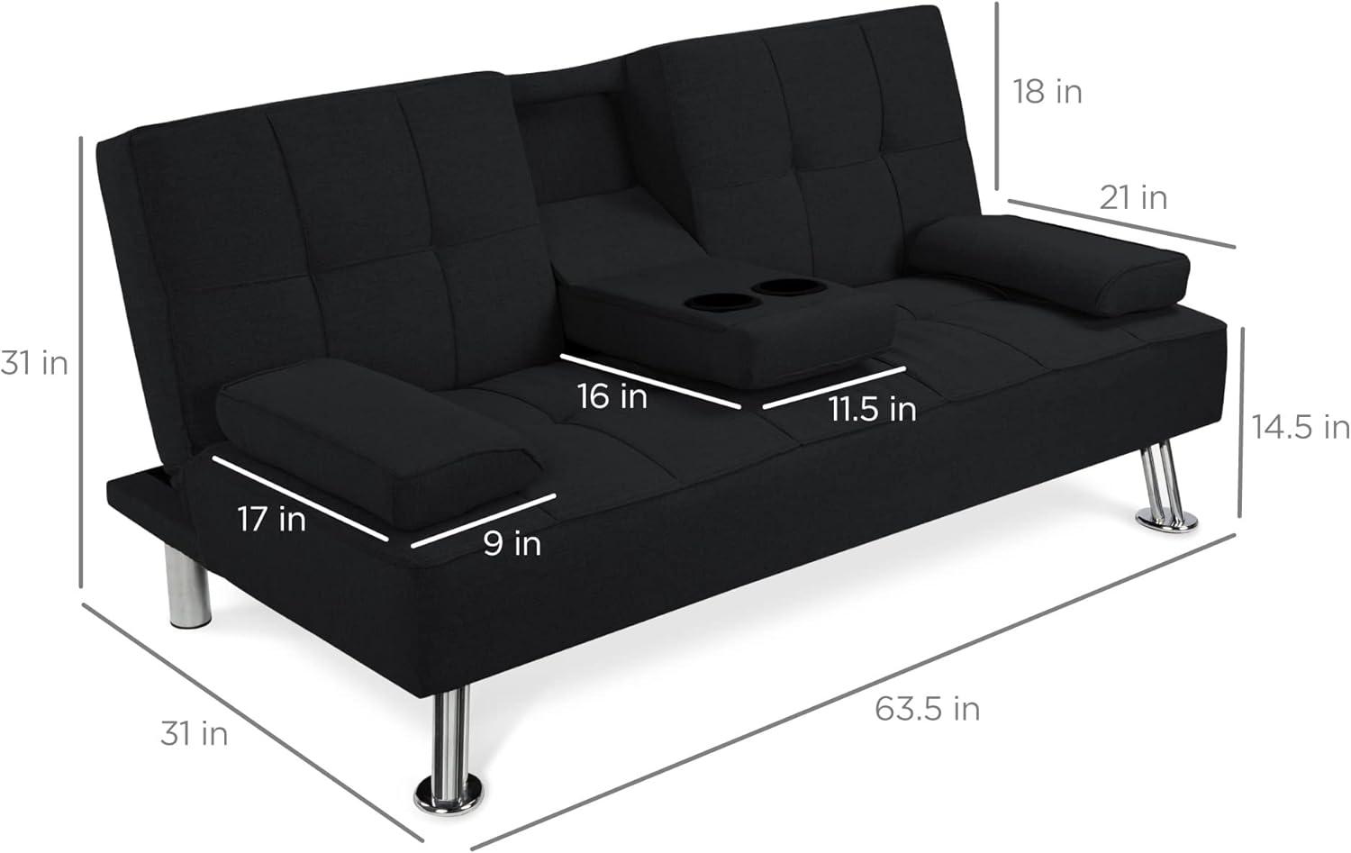 Best Choice Products Modern Linen Convertible Futon Sofa Bed w/ Removable Armrests, Metal Legs, Cupholders - Black