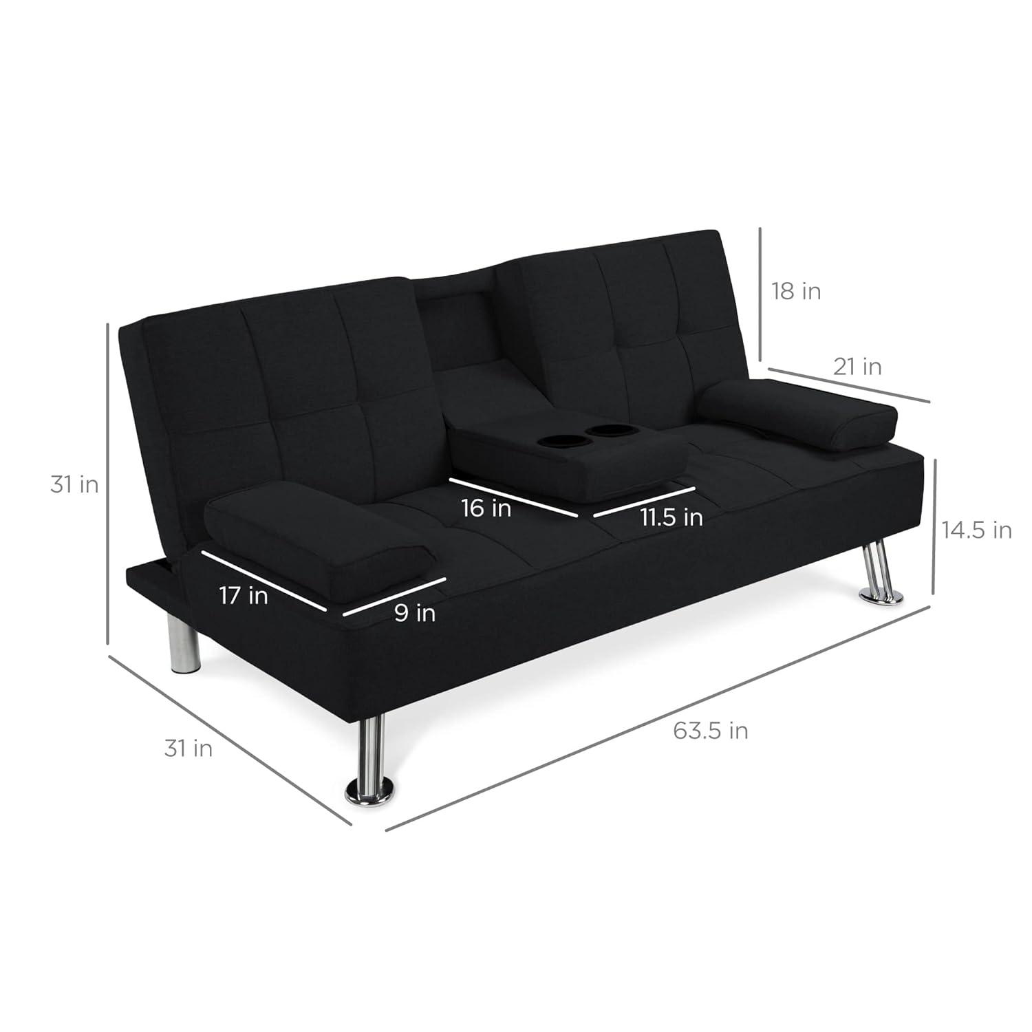 Best Choice Products Modern Linen Convertible Futon Sofa Bed w/ Removable Armrests, Metal Legs, Cupholders - Black