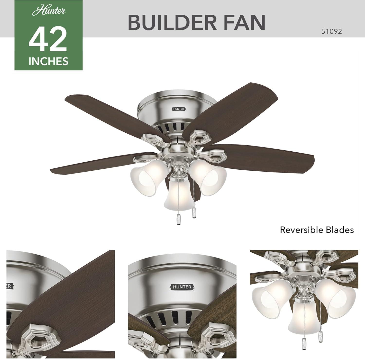 42" Builder Low Profile Ceiling Fan (Includes LED Light Bulb) White - Hunter Fan: 5-Blade, Reversible Motor, Flush Mount