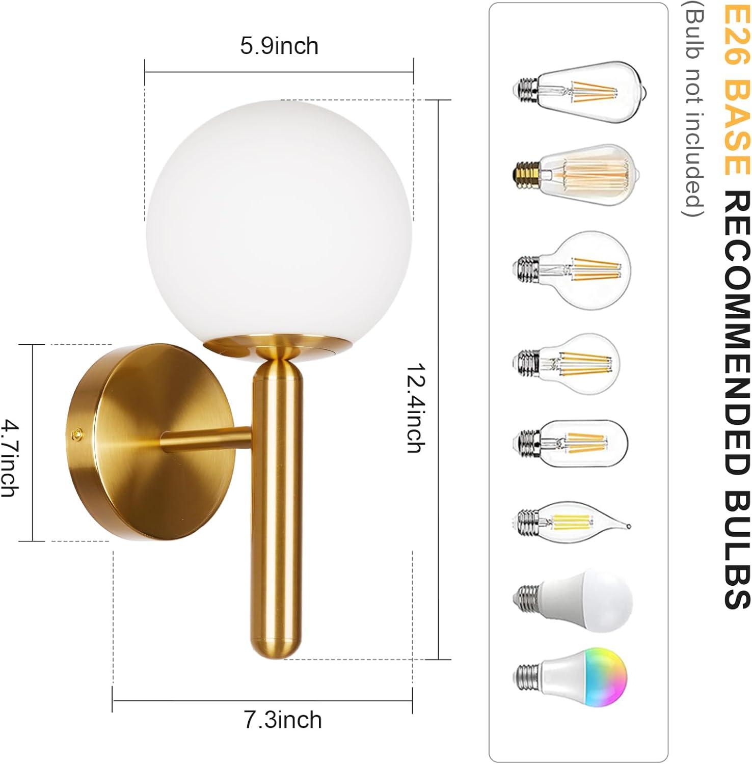 Gold Wall Sconce Set of 2 Globe Glass Wall Light Fixtures Bathroom Vanity Light Mid-Century Modern Wall Sconce Lamp with Frosted Glass Shade for Hallway Bedroom Living Room