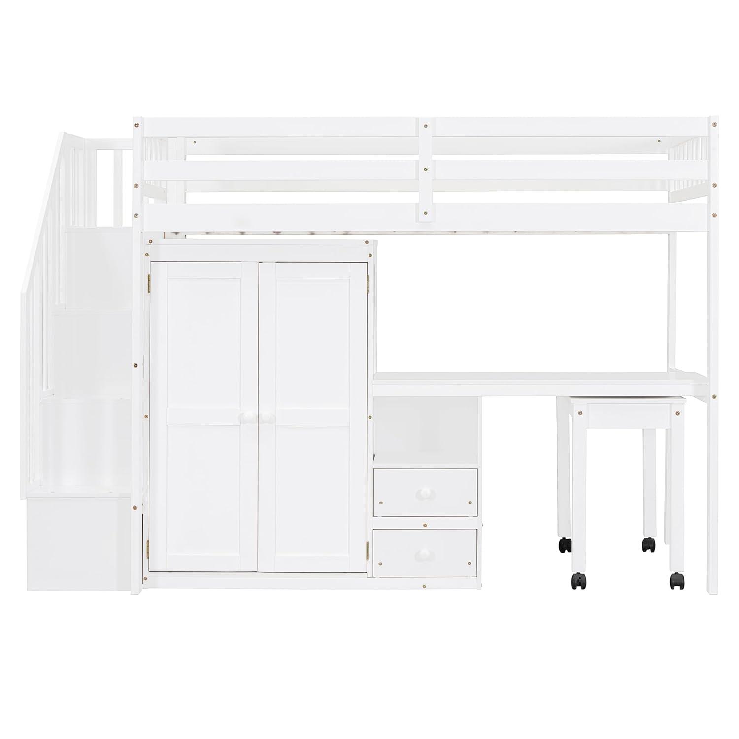 Harper & Bright Designs Twin Size Loft Bed with Stairs and Bookshelf, Wood Twin Storage Bed with Desk & Wardrobe, Space-Saving Multifunctional Furniture for Kids & Teens - White