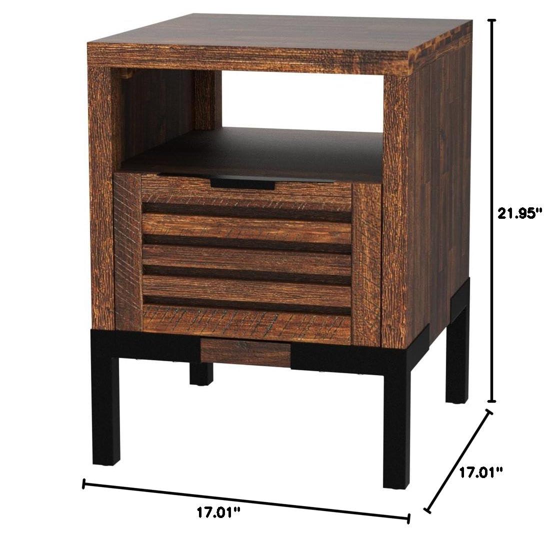 Bme Millie Solid Acacia Wood Rustic Nightstand with Drawers & Open Shelf, Pre-Assembled Industrial Modern Side Table for Living Room, Bedroom