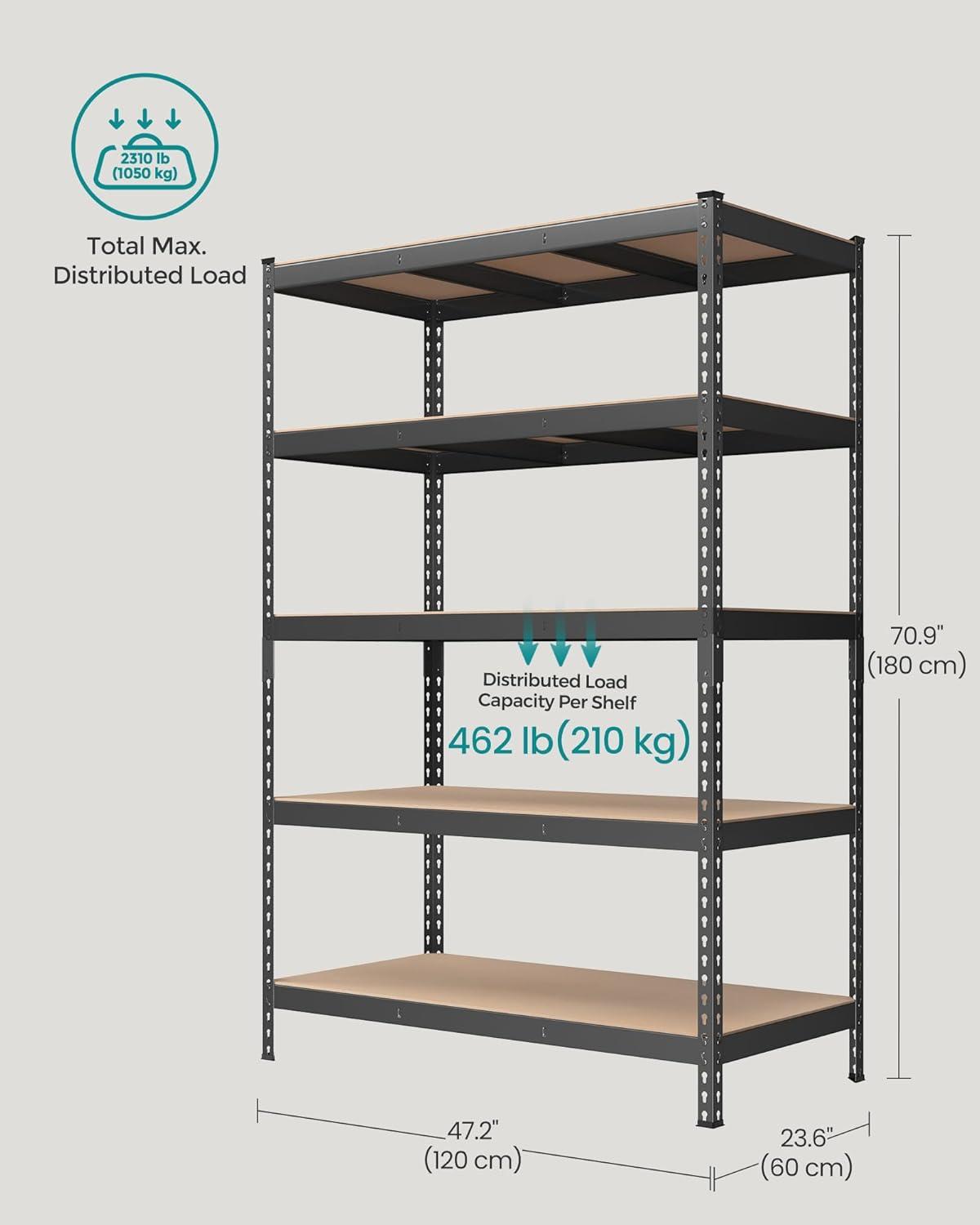 5-Tier Storage Shelves Metal Garage Storage Boltless Assembly Adjustable Shelving Unit 11.8 x 29.5 x 59.1 Inches Load 1929 lb for Shed Warehouse Basement Kitchen Gray