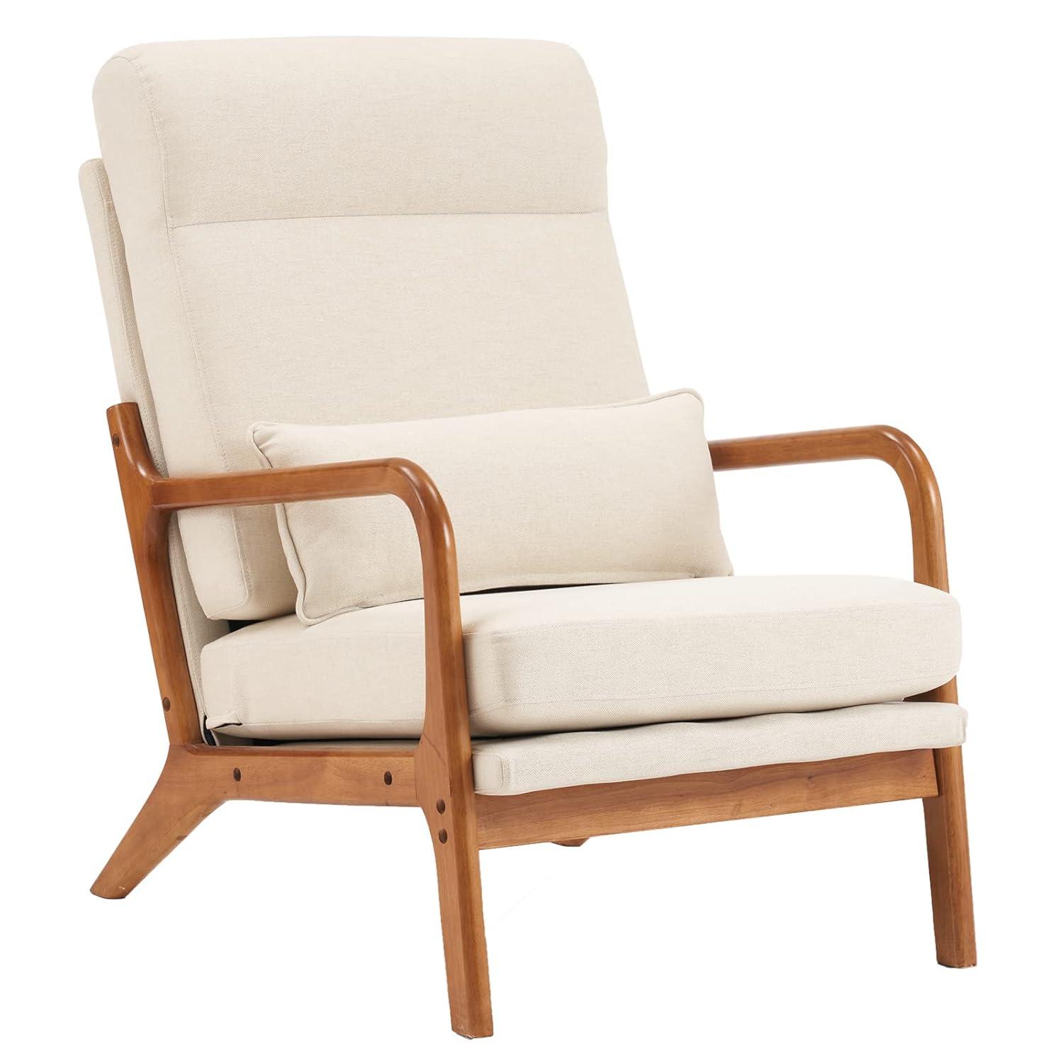 JULY'S SONG Mid-Century Wood Upholstered Fabric Solid Print Armchair, Beige (Set of 2)