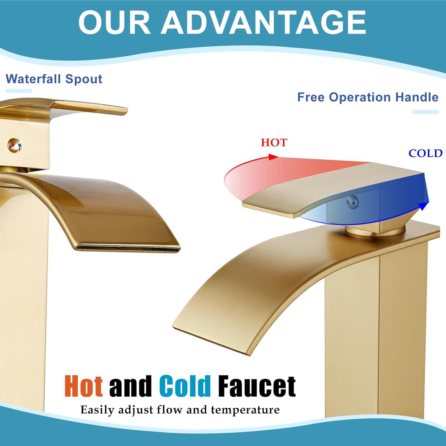 Midanya Waterfall Spout Bathroom Faucet Single Handle 1 Hole Bathroom Sink Faucet,Modern RV Lavatory Vanity Basin Tap with Water Hose,Short Body,Polish Chrome