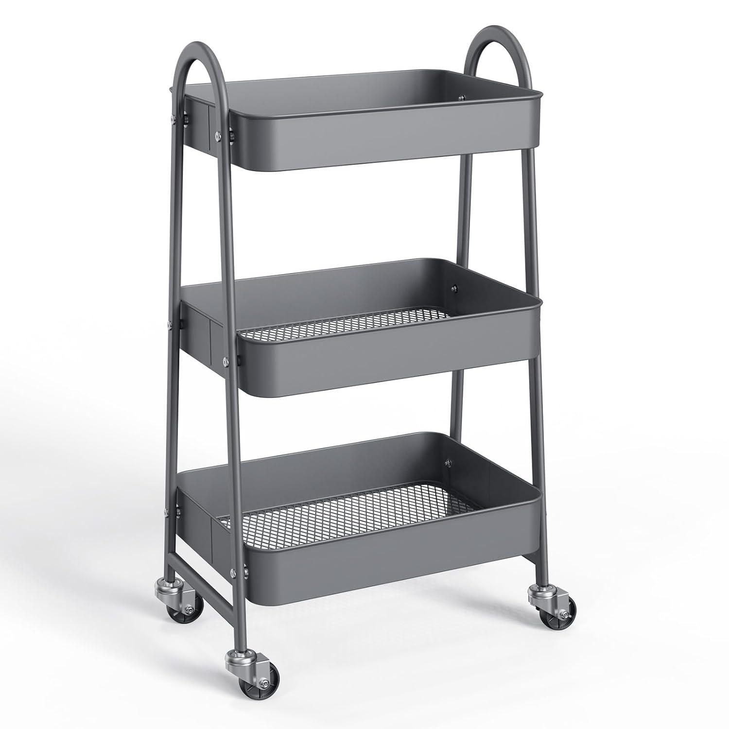 Green Metal 3-Tier Rolling Utility Cart with Lockable Wheels