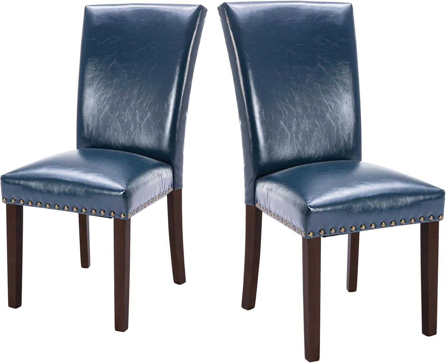 COLAMY Upholstered Dining Chairs Set of 2, PU Leather Dining Room Chairs with Nailhead Trim and Wood Legs - Blue