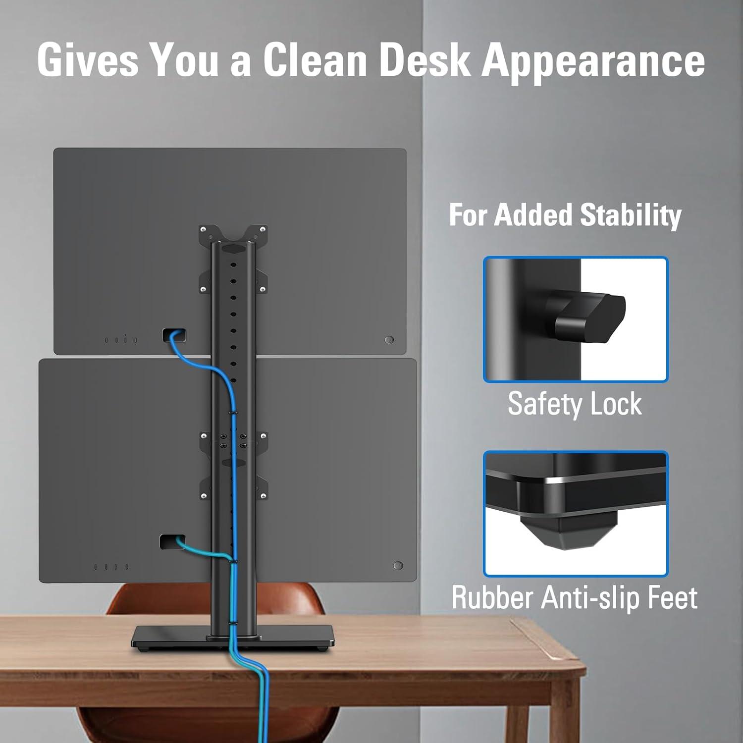 MOUNTUP Vertical Dual Monitor Stand, Stack Two Screens up to 32 inches,33 Lbs, Free-Standing Monitor Desk Mount, Monitor Riser with Swivel, Tilt, Height Adjustable, VESA Stand 100 x 100mm, 75 x 75mm