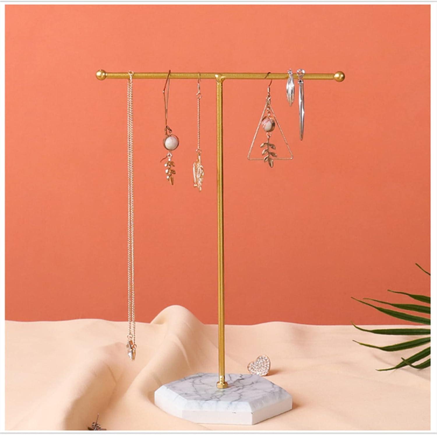 Jewelry Organizer Stand Display Necklace Holder T-Bar Plated Metal Desk Organizer Tower for Show Jewelry Hanging Pendant Earring Bracelet Ring Accessorie with White Marble Plywood Bases, White