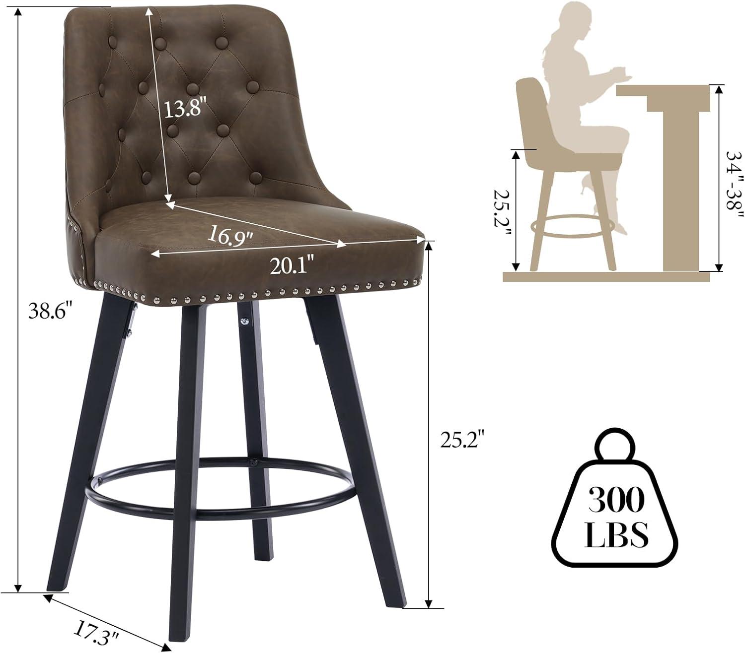 Counter Bar Stools Set of 2, Modern Swivel Bar Stools with Back and Wood Legs, 26" H Upholstered Bar Chair for Kitchen Island Home Bar, Leather Brown