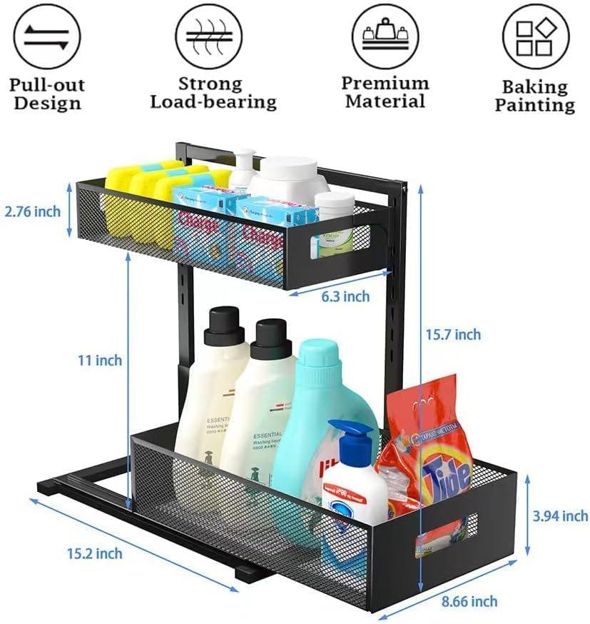 Black Adjustable Height 2-Tier Under Sink Organizer with Sliding Drawers