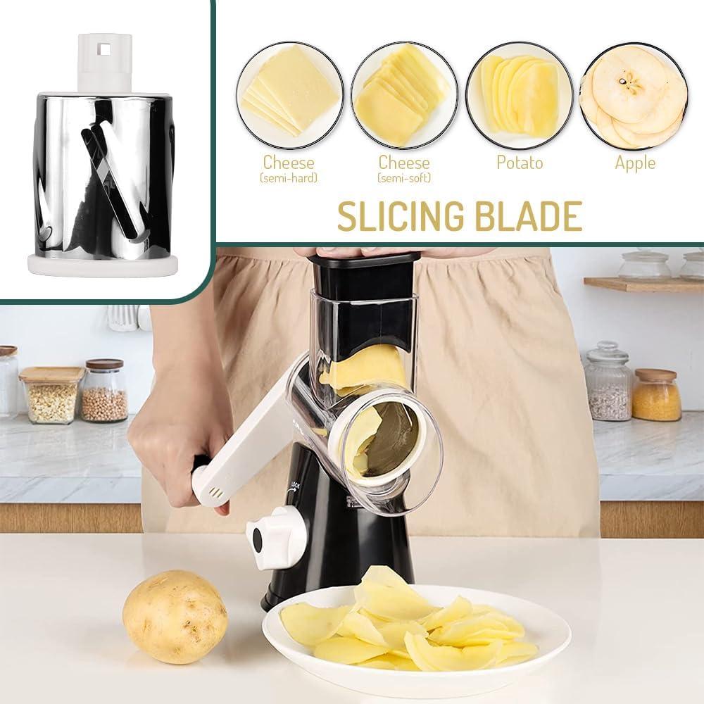 KEOUKE Rotary Cheese Grater with Handle - 3 Changeable Blades for Cheese, Vegetables, Nuts - Black