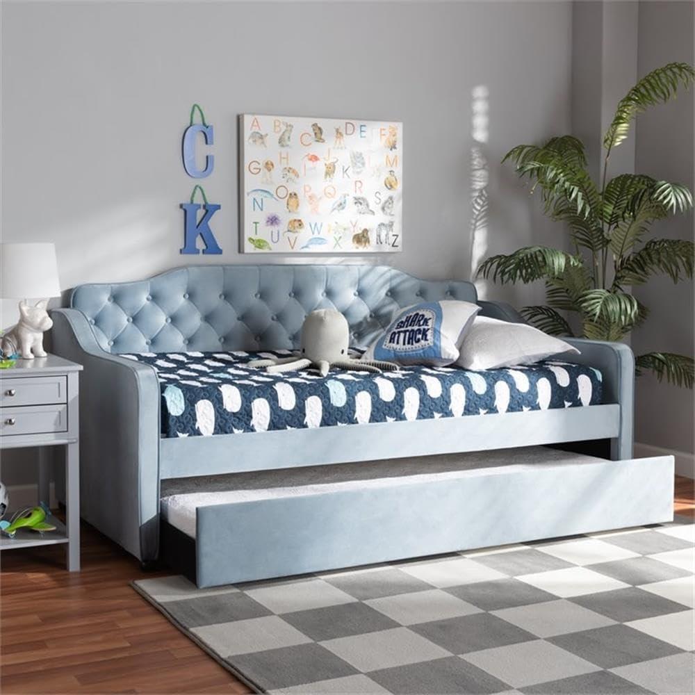Twin Freda Velvet Tufted Daybed with Trundle Light Blue - Baxton Studio: Upholstered, Mid-Century Modern, No Box Spring Required