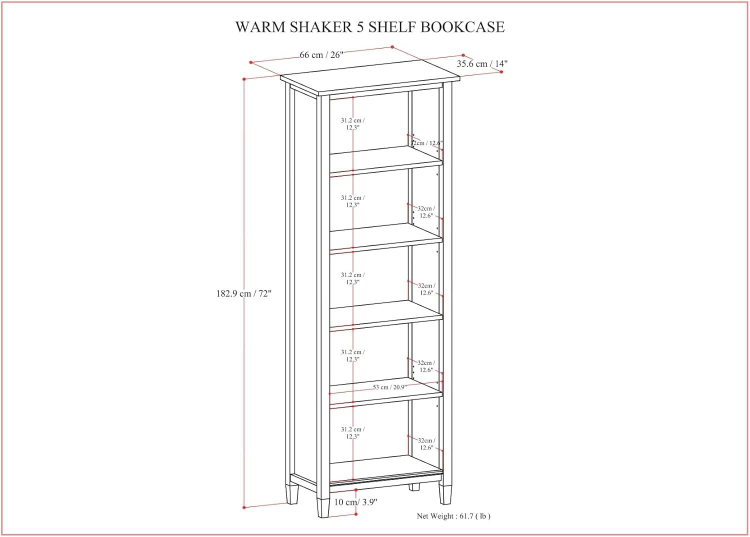 Light Golden Brown Solid Wood 5-Shelf Adjustable Bookcase