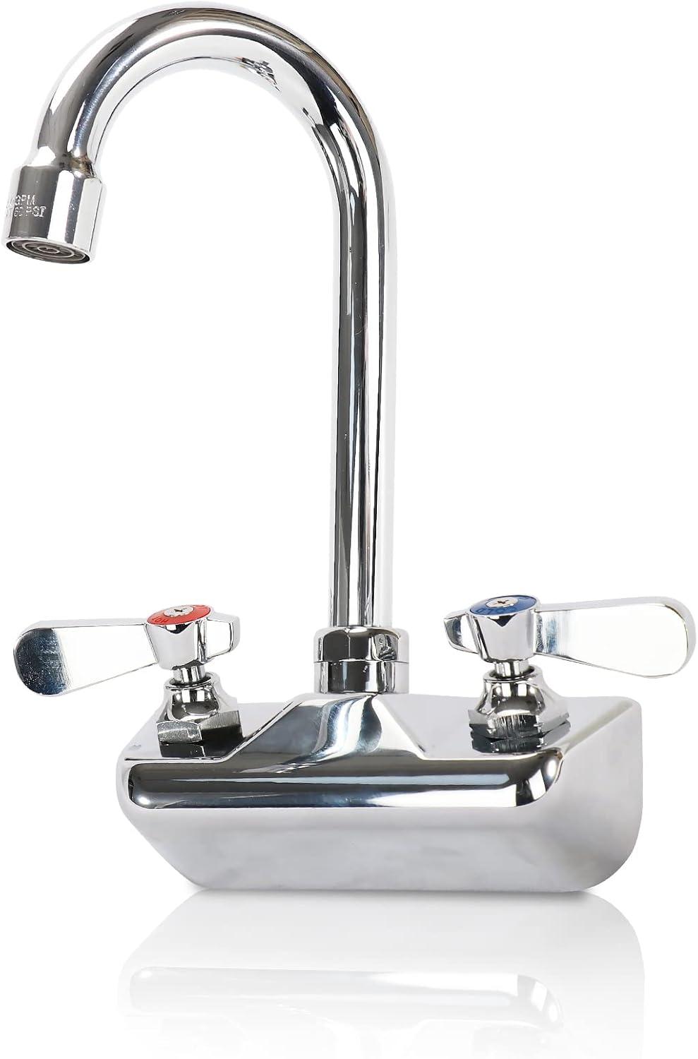 KWODE 4 Inch Center Commercial Hand Sink Faucet with 3-1/2”Gooseneck Spout, Dual Lever Handle Wall Mount Kitchen Sink Faucet, Brass Constructed, Chrome