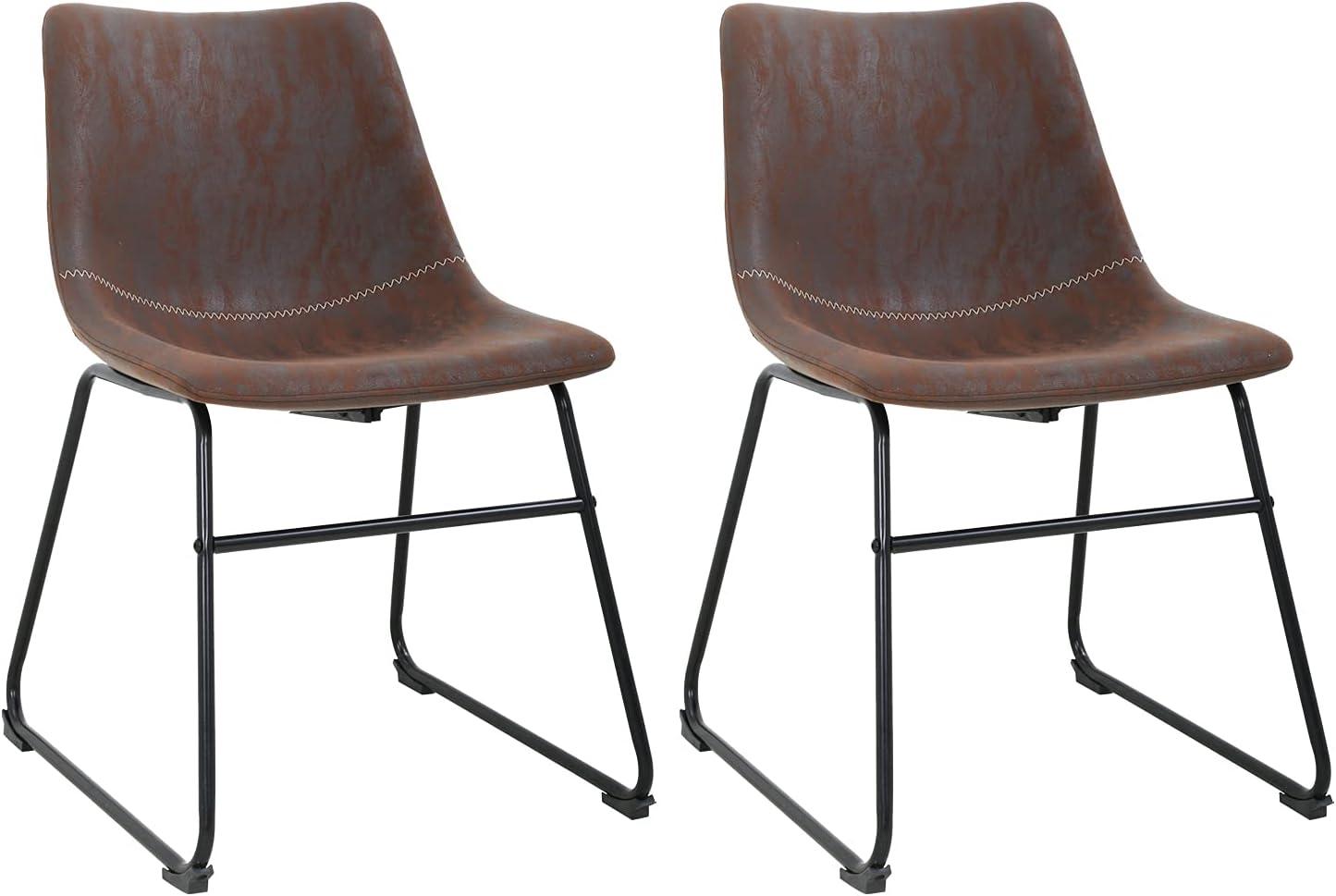 Set of 2 Brown Leather and Metal Barstools with Solid Back