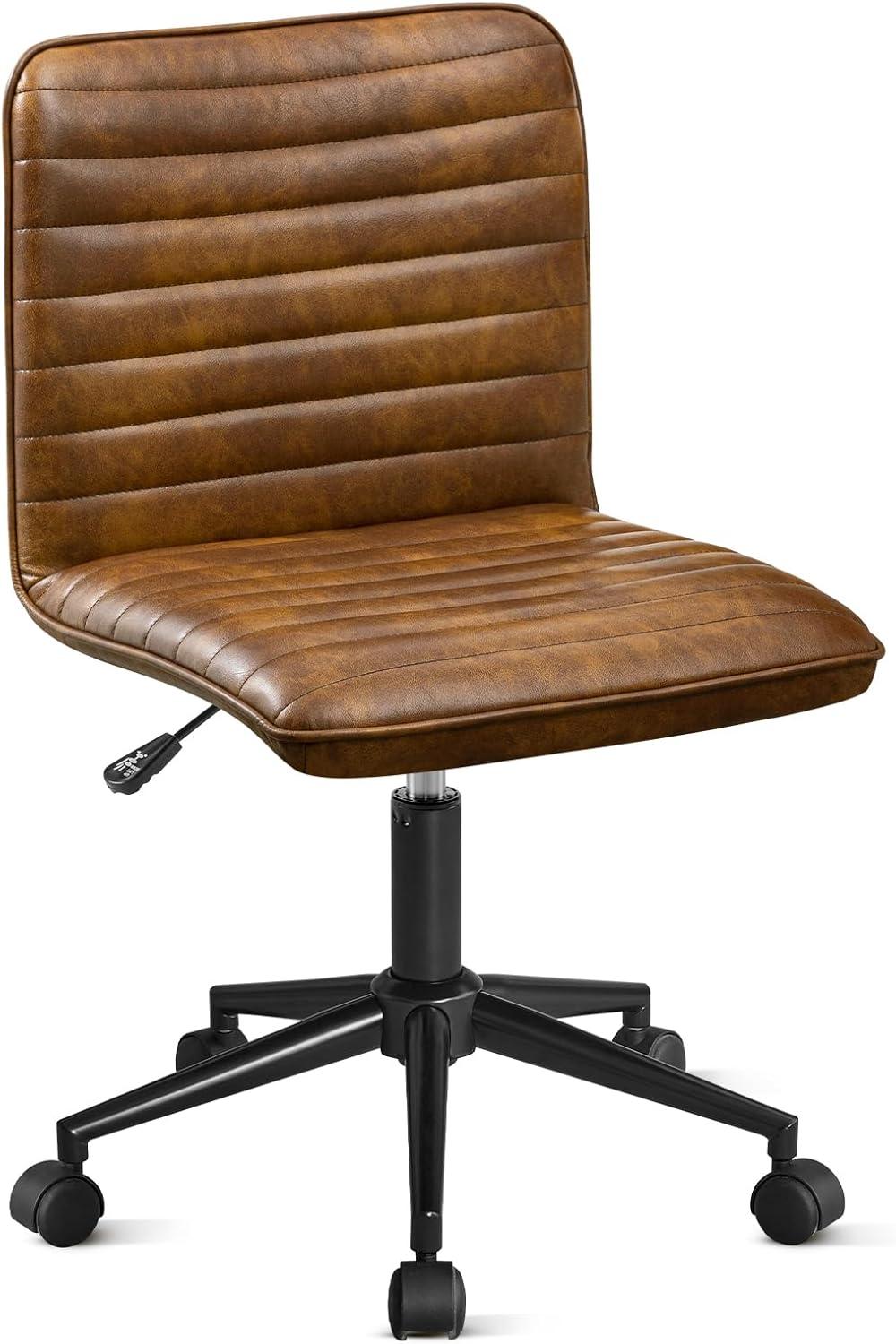 Dustyellow Leather Armless Swivel Task Chair with Black Base