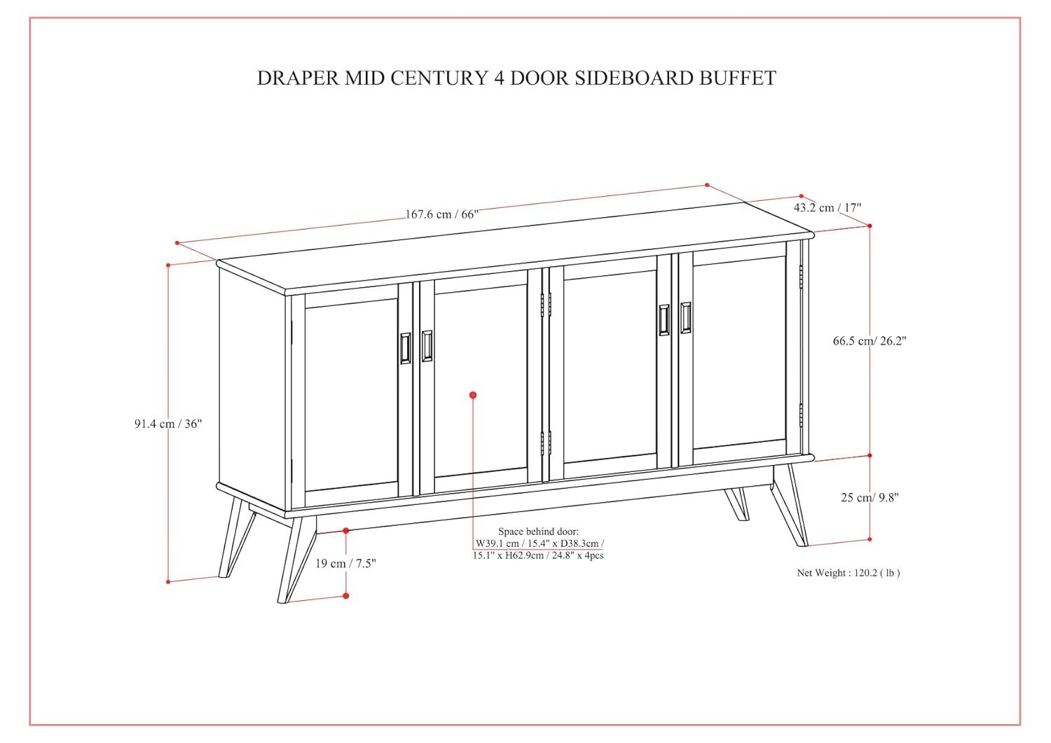 Simpli Home Draper 66"W Solid Hardwood Mid-Century Modern 4-Door Sideboard Buffet with Adjustable Shelves