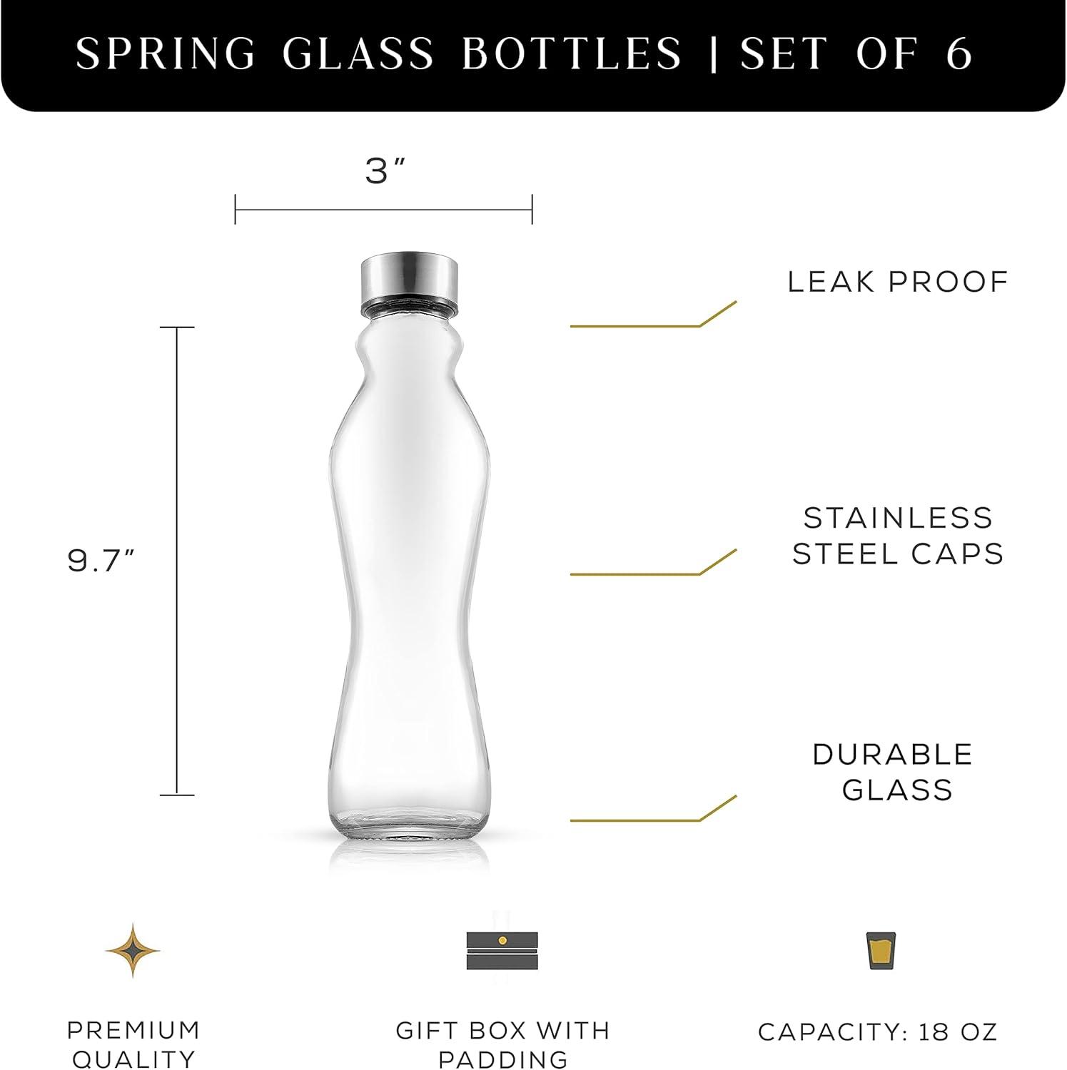 JoyJolt Spring Glass Water Bottles with Stainless Steel Cap - 18 oz - Set of 6