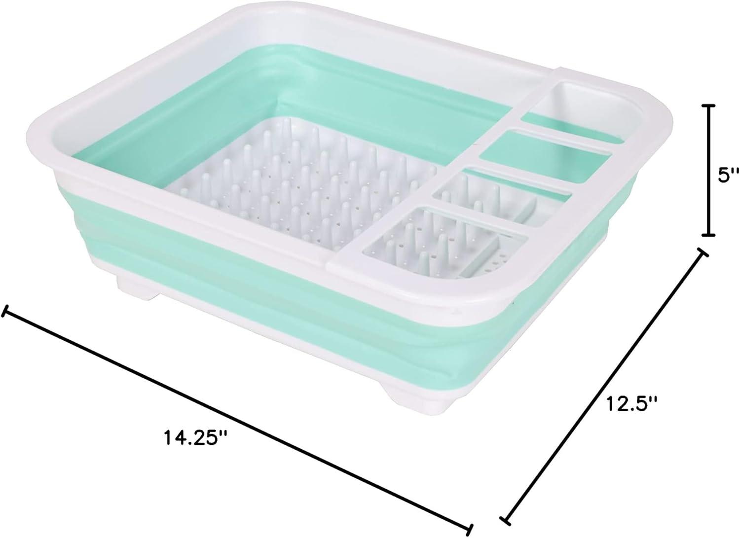 Blue Collapsible Plastic Dish Drying Rack with Cutlery Compartment