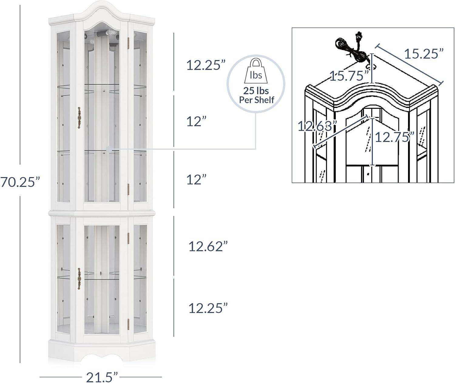 BELLEZE Lighted 3-Side Glass Display Curio Cabinet w/ Tempered Glass Doors and Shelves, Curved Wood Corner Cabinet with Bulb, Corner Storage Decoration Rack for Living room & Bedroom Loraine (White)