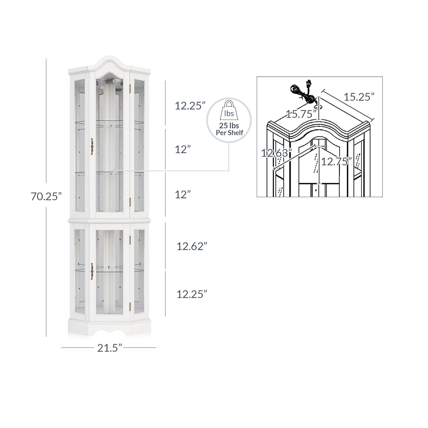BELLEZE Lighted 3-Side Glass Display Curio Cabinet w/ Tempered Glass Doors and Shelves, Curved Wood Corner Cabinet with Bulb, Corner Storage Decoration Rack for Living room & Bedroom Loraine (White)