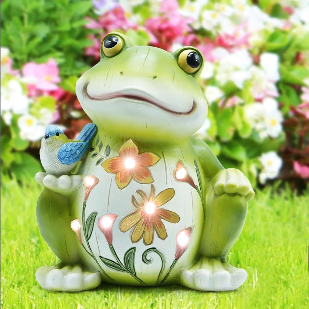 Green Resin Solar Frog Garden Statue with Bird