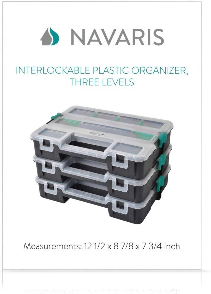 Navaris Plastic Storage Box - Stackable Organizer Case with Adjustable and Removable Divider Compartment for Tools, Small Items, Jewelry - 3 Boxes