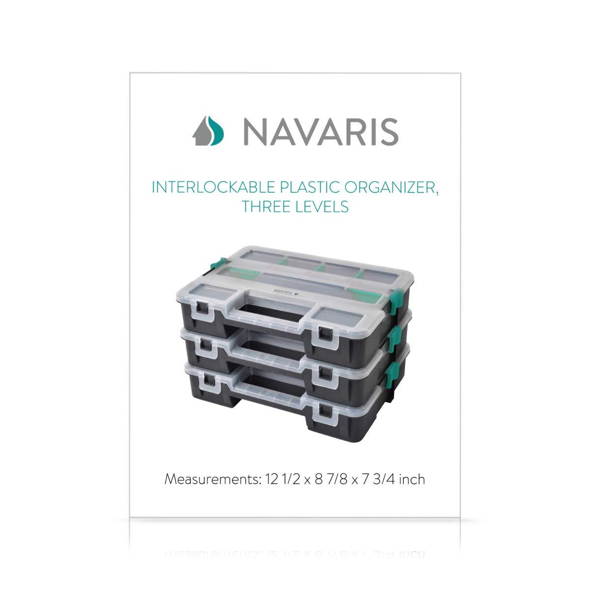 Navaris Plastic Storage Box - Stackable Organizer Case with Adjustable and Removable Divider Compartment for Tools, Small Items, Jewelry - 3 Boxes
