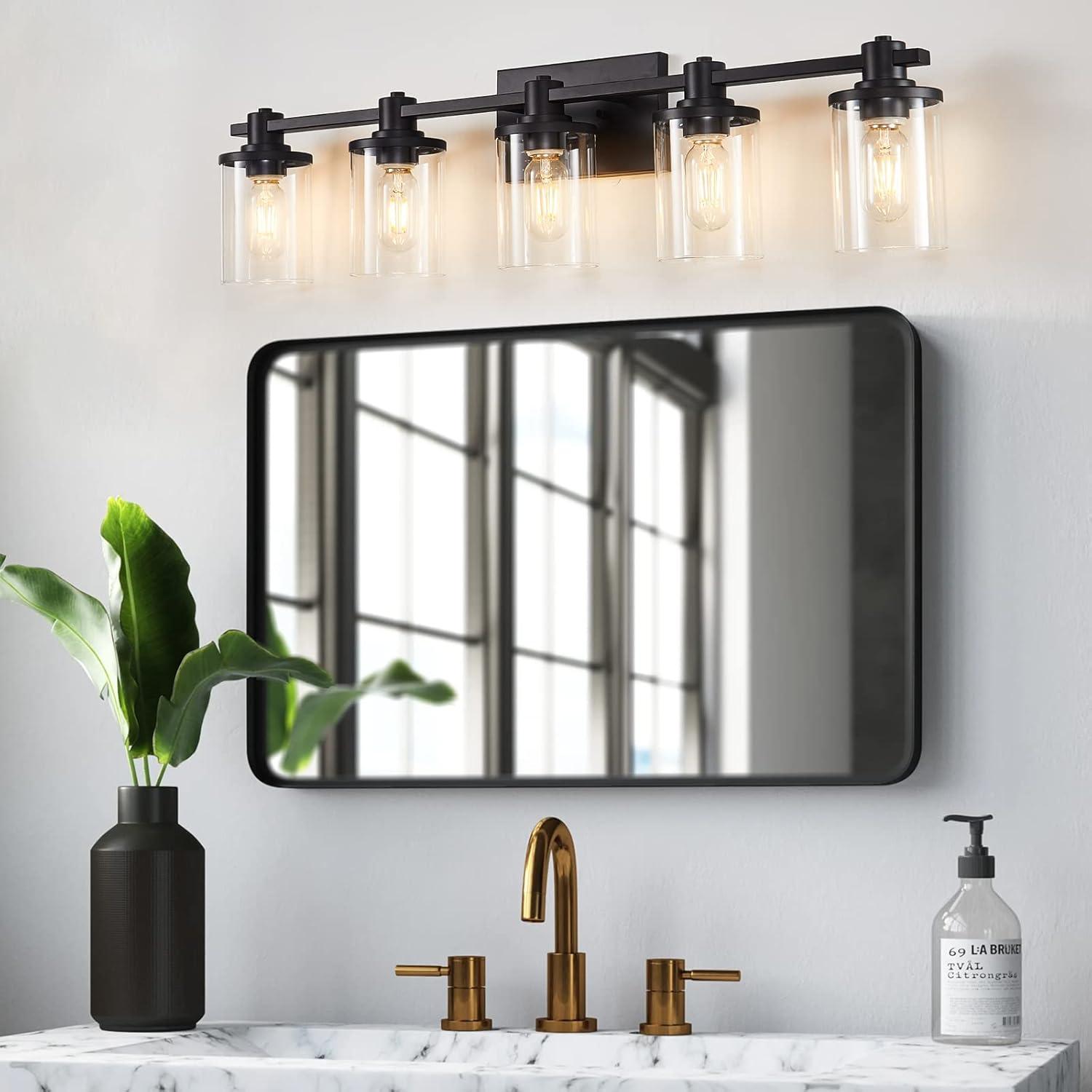 Matte Black 5-Light Bathroom Vanity Fixture with Glass Shades